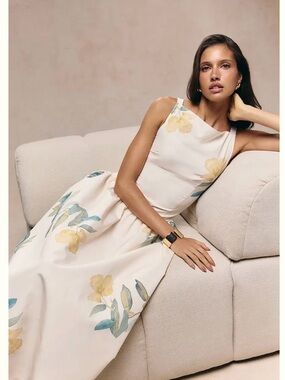 PrettyLittleThing Cream Maxi Dress with Yellow & Green Floral Print